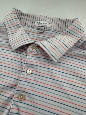 Peter Millar Summer Comfort Men’s XL Polo White Pink Blue Striped Golf Shirt